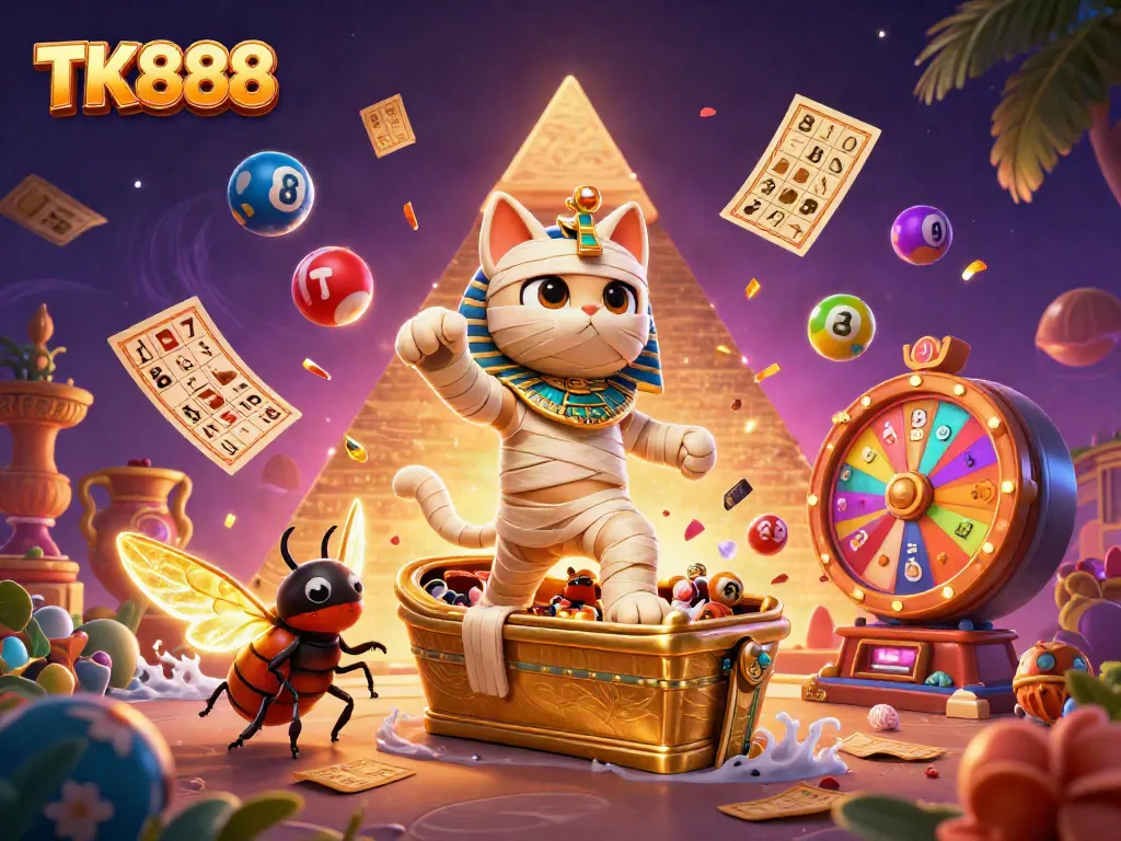 Engage in exciting games at TK888 with a dynamic scene featuring an Egyptian mummy cat and vibrant casino elements.
