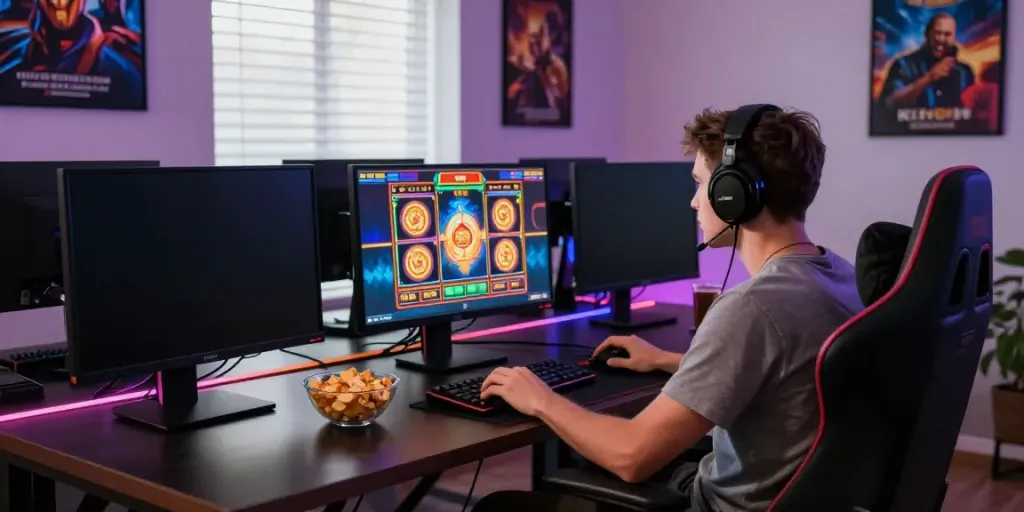Exciting gaming moment with KING999 online slots displayed on multiple screens.
