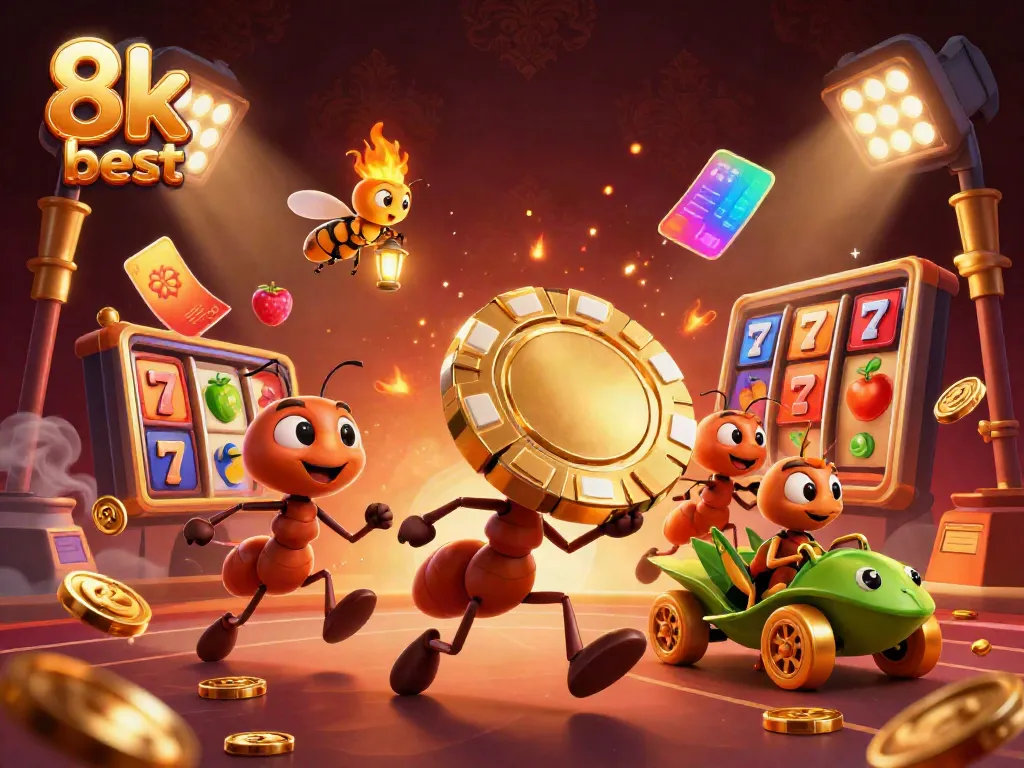 Experience 8k best in a vibrant casino heist scene with cartoon ants and rich game elements.
