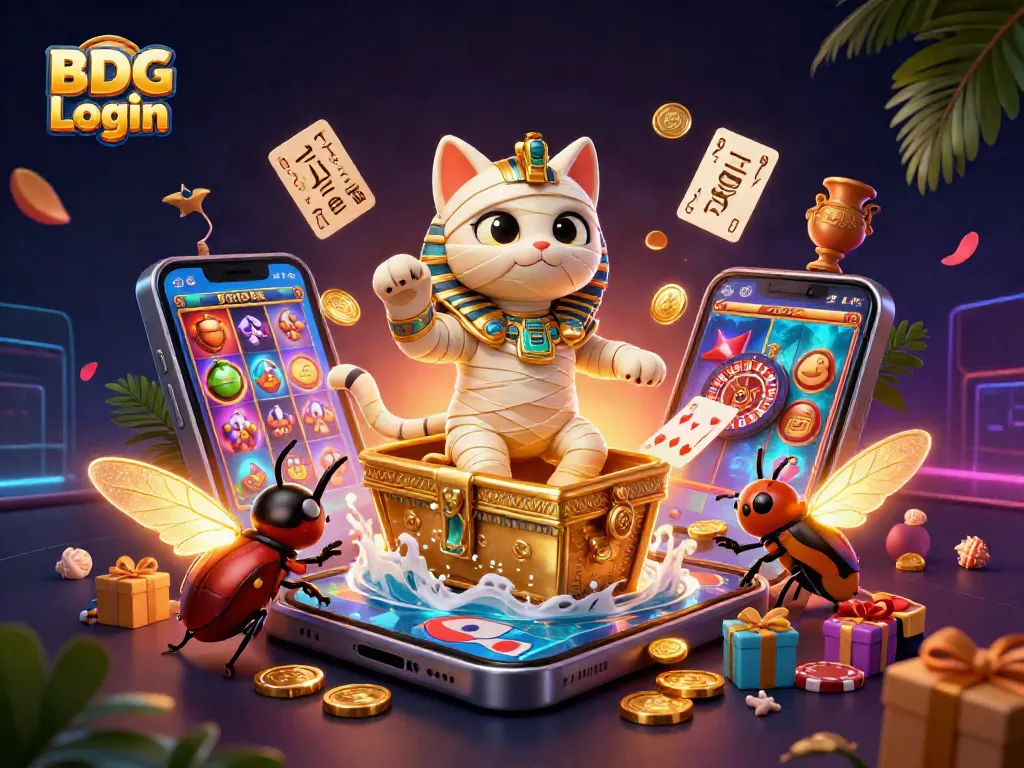 Engage with BDG Login for premier gaming experiences illustrated by a mummy cat and pyramids.