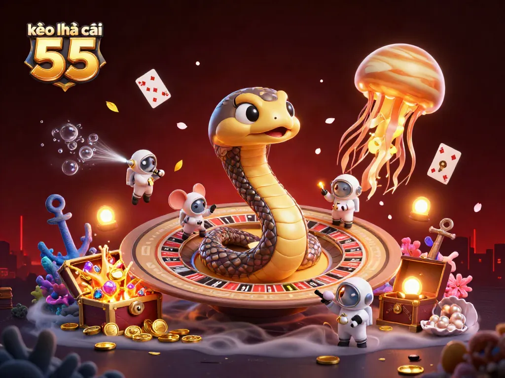 Engaging gambling activity with kèo nhà cái 55 featuring betting astronaut mice in a dynamic casino scene.
