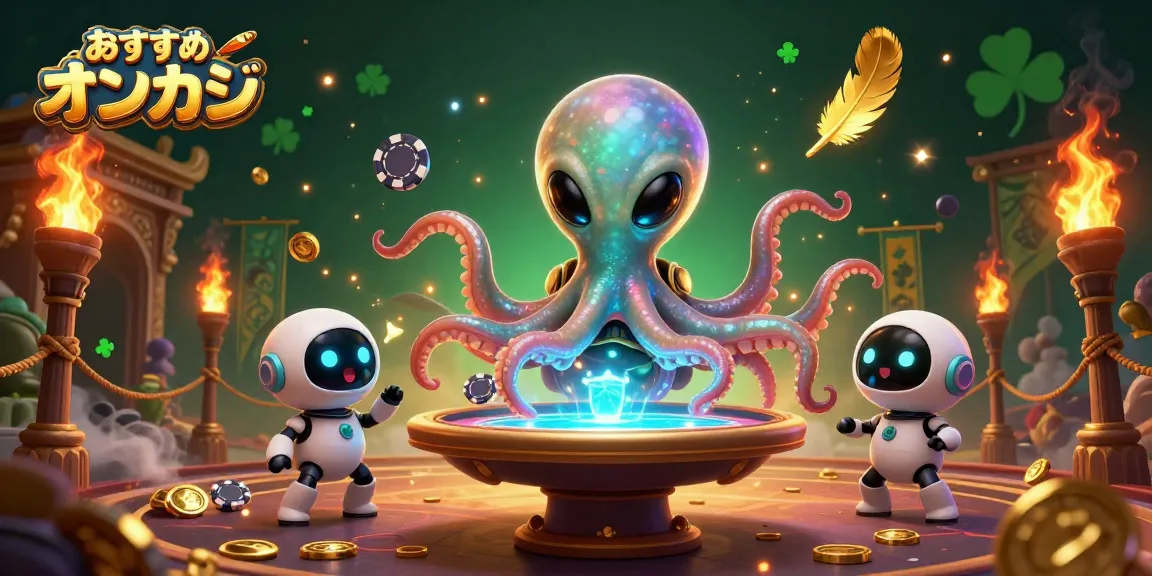 おすすめ オンカジで遊ぶ3Dカートゥーンのエイリアンタコが、ホログラフィックポーカーテーブルを操作しているイラスト。