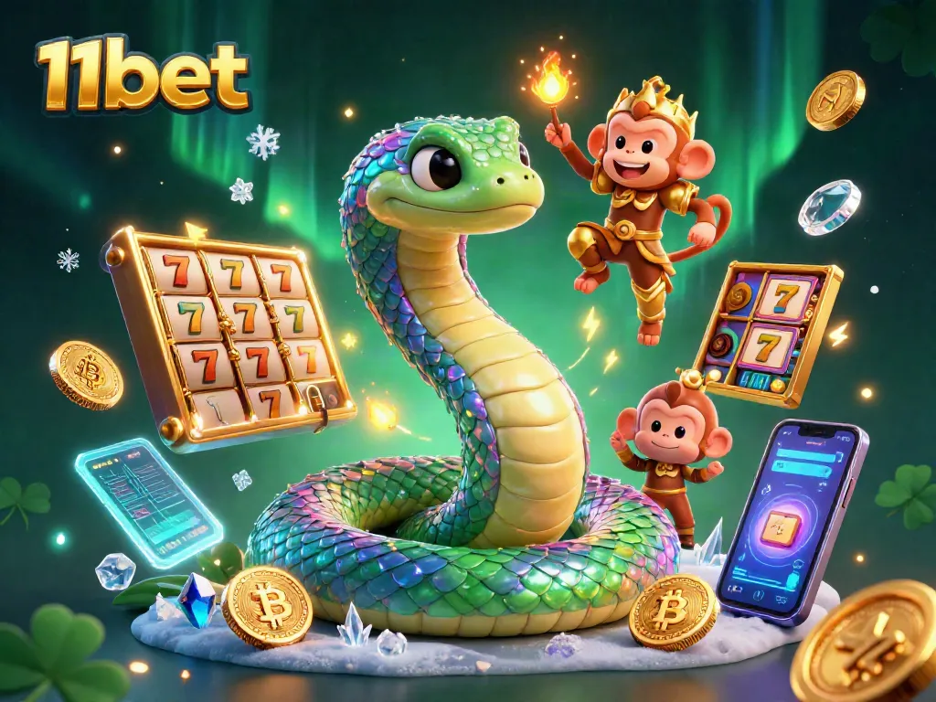 11bet features a vibrant casino scene with a rainbow serpent and monkey king among slot reels and glowing coins.