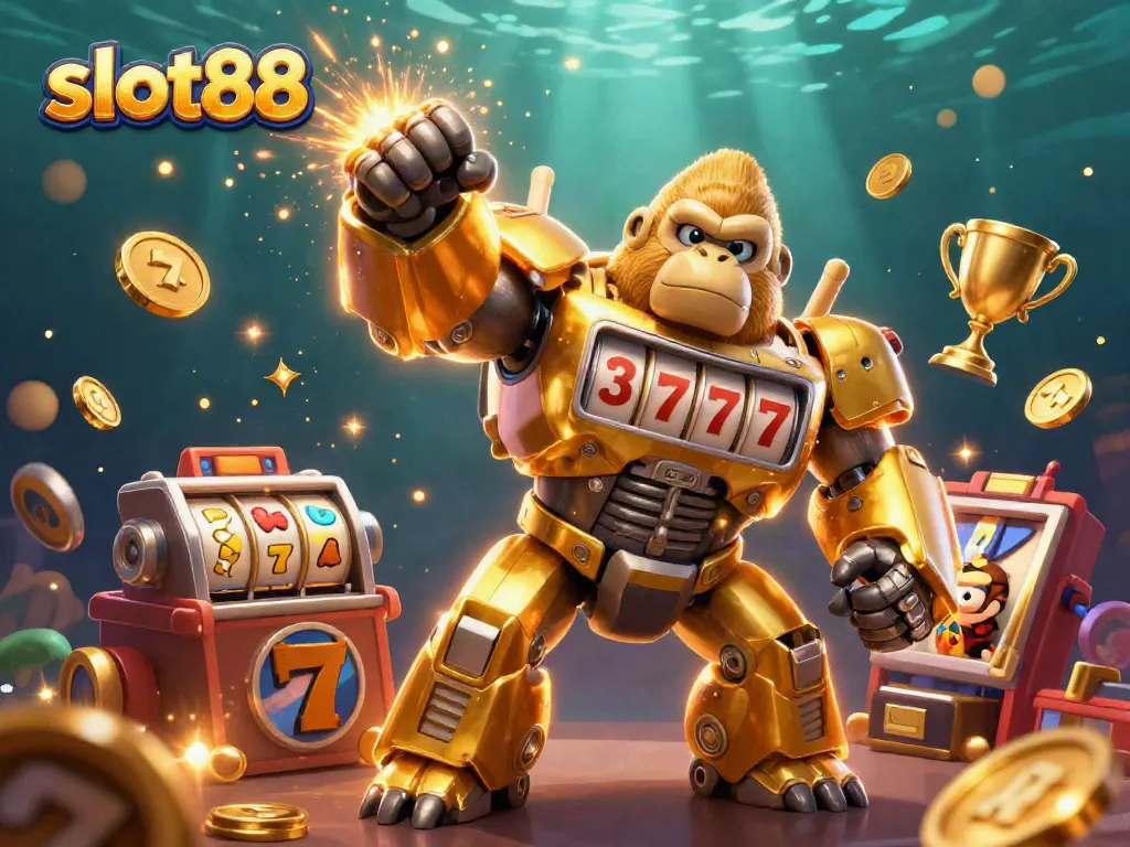 Experience the thrill of slot88 with an explosive 3D golden gorilla mech and dynamic casino elements.