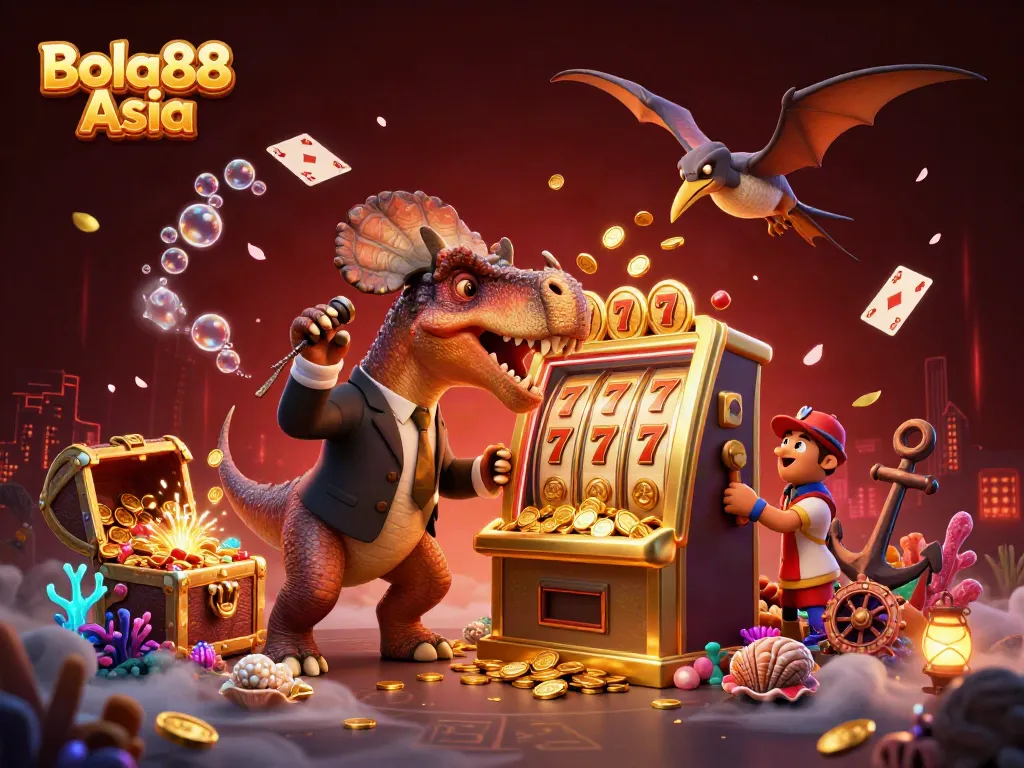 Bola88 Asia offers a thrilling casino experience with a pachycephalosaurus celebrating jackpot wins.