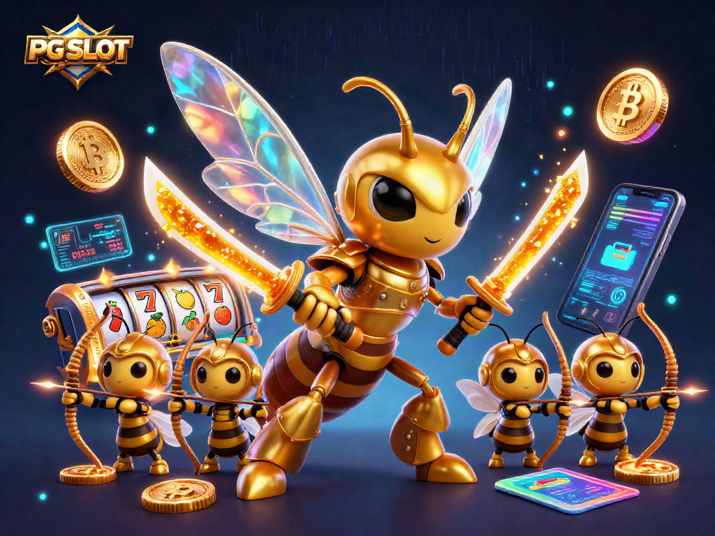 Engage with PG SLOT: A vibrant 3D illustration showcasing a golden hornet in samurai armor, amidst fiery slot reels.