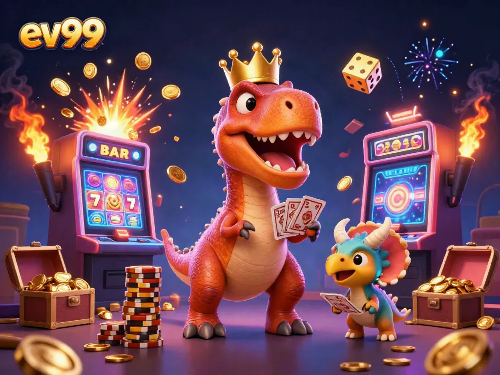 Experience the thrill at ev99 casino with a T-Rex dealing cards and excitement bursting with jackpots.