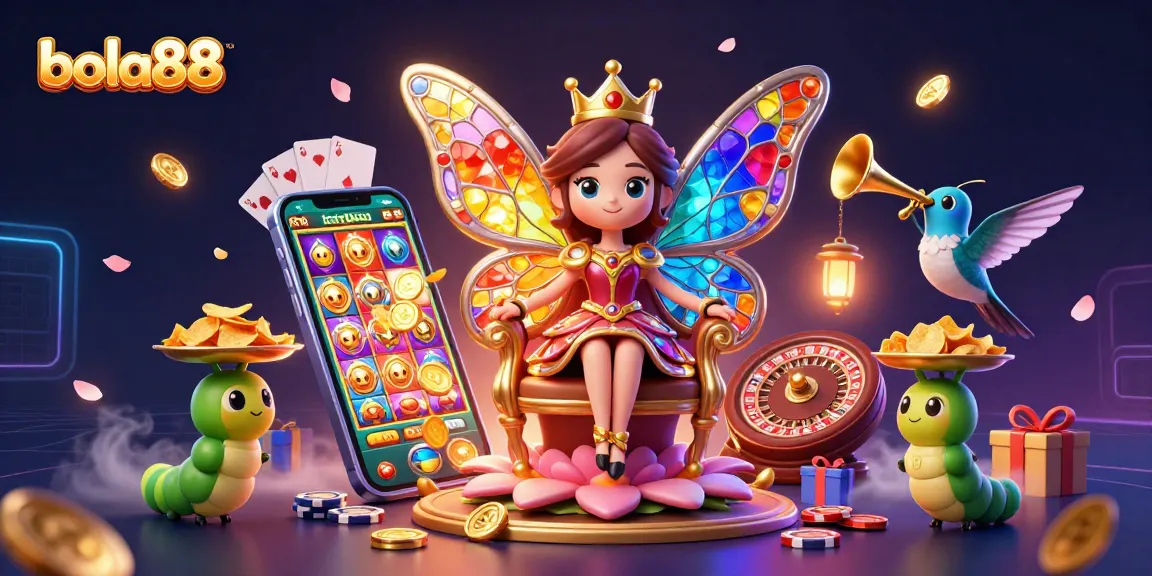 Bola88 offers vibrant sports betting action with a dynamic casino atmosphere enhanced by golden chips and gaming elements.