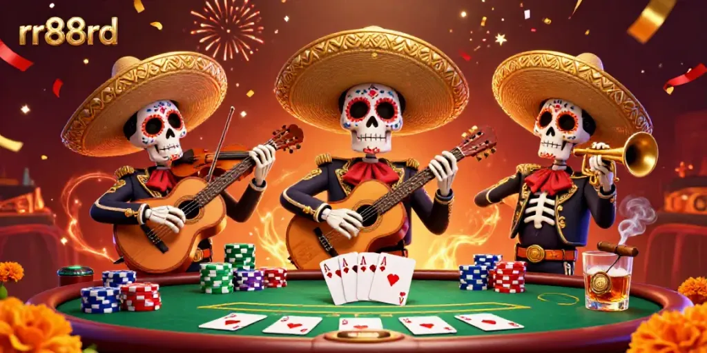 Engage in thrilling poker action with rr88rd's festive mariachi scene showcasing colorful characters and vibrant casino elements.
