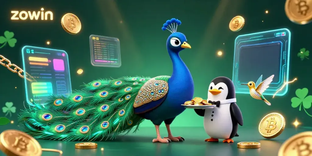 Experience the excitement of Zowin with a colorful 3D illustration featuring a peacock, penguin, and hummingbird in a lively casino.