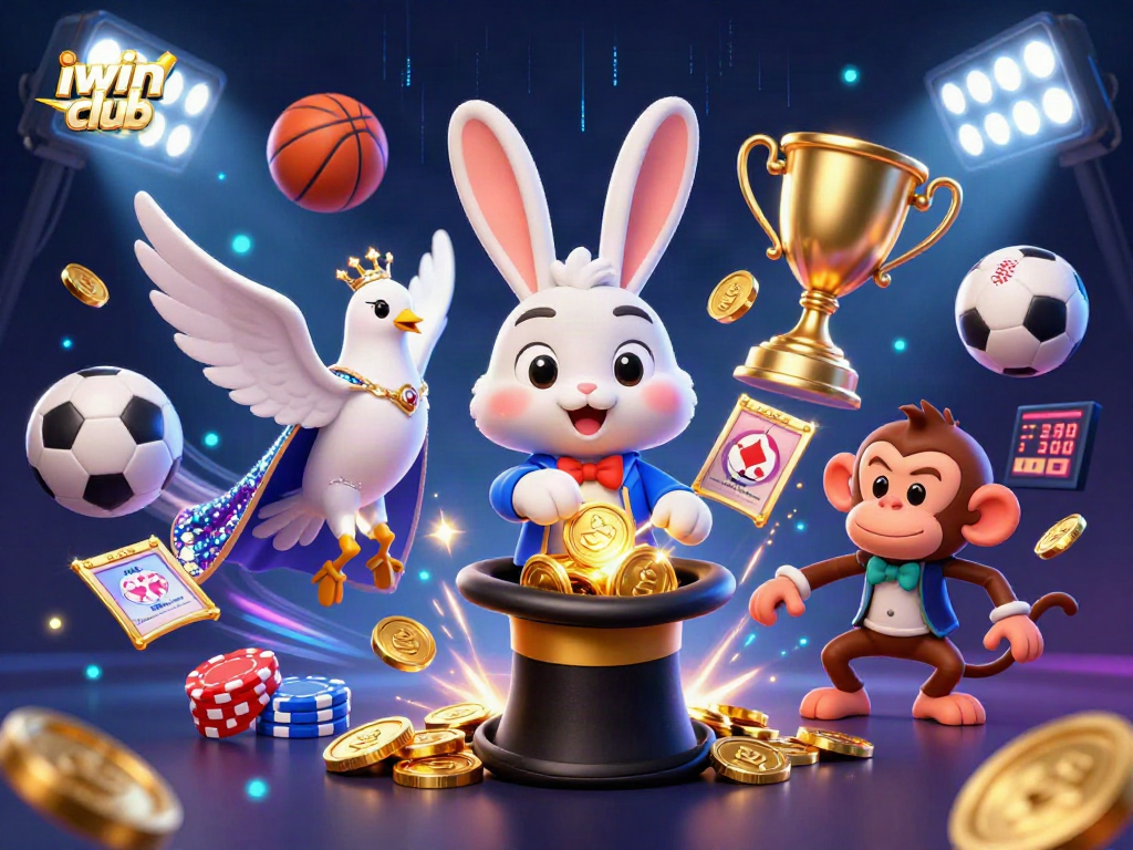 Engage with the iwin club by enjoying magical moments of winnings with a rabbit, dove, and monkey in a dynamic casino scene.