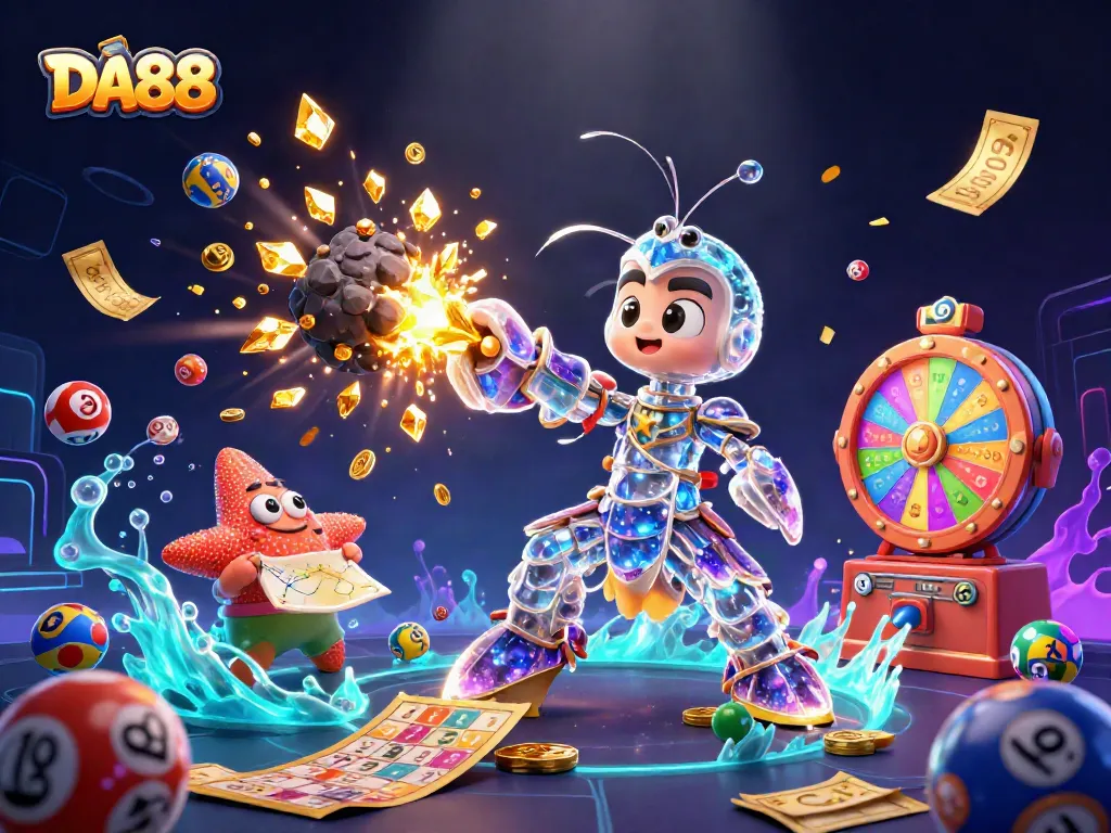 Experience the thrill of DA88 through an exciting casino-themed 3D illustration featuring vibrant symbols of luck and fortune.