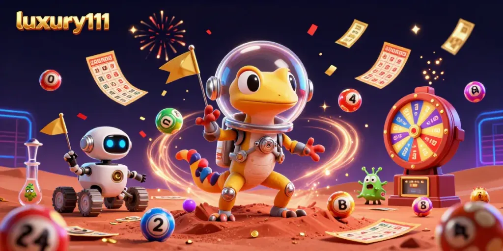 Experience luxury111 with a vibrant casino adventure amidst colorful lottery elements and 3D characters.
