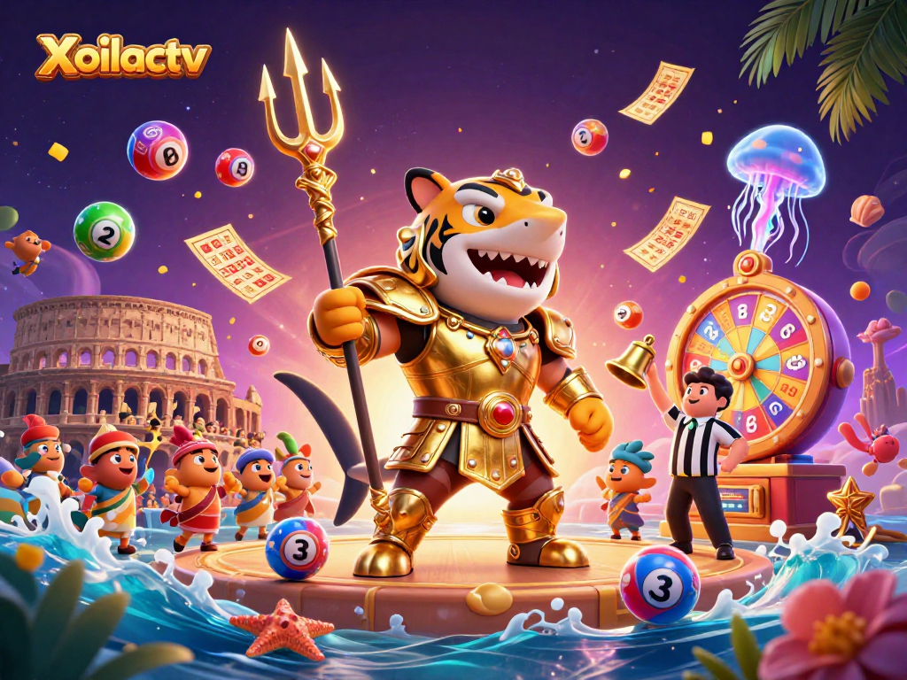 Xoilactv features an exciting underwater colosseum scene with a shark gladiator and dynamic lottery elements.