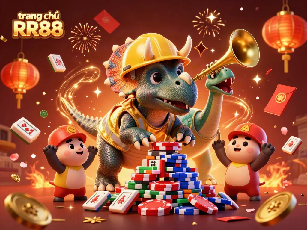 Experience the vibrant action of trang chủ RR88 with a celebration of gaming, where characters build excitement around poker chips and vibrant decorations.