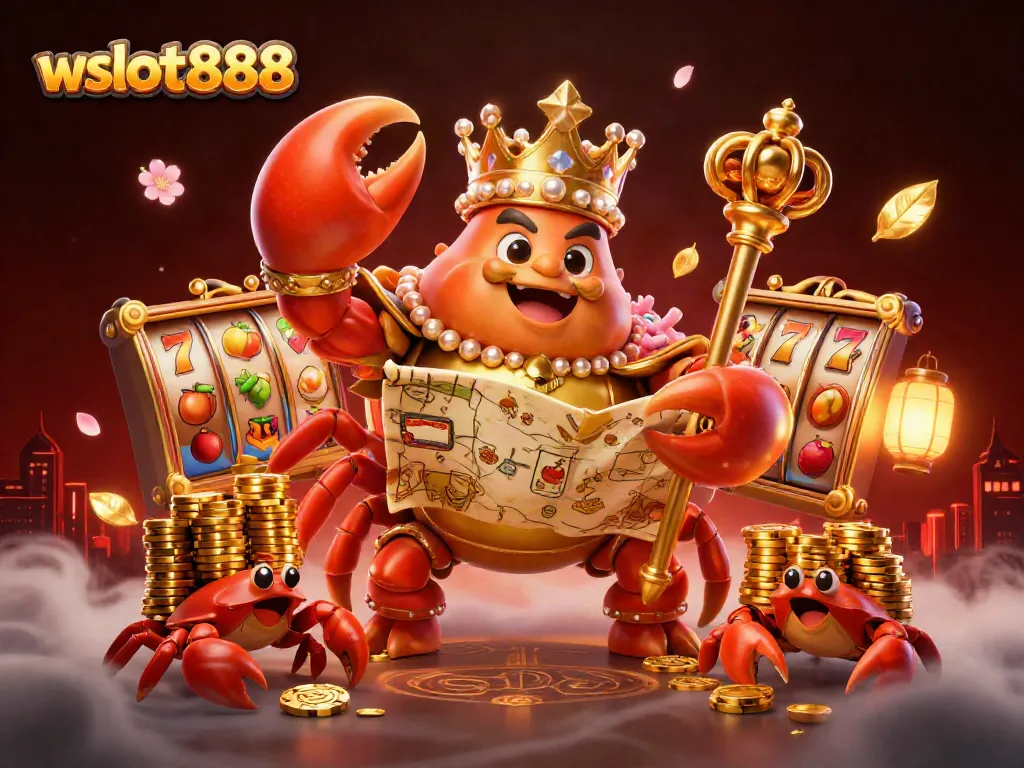 Memenangkan jackpot dengan wslot888 sementara kepiting emas megah berkuasa di tengah tumpukan simbol slot.