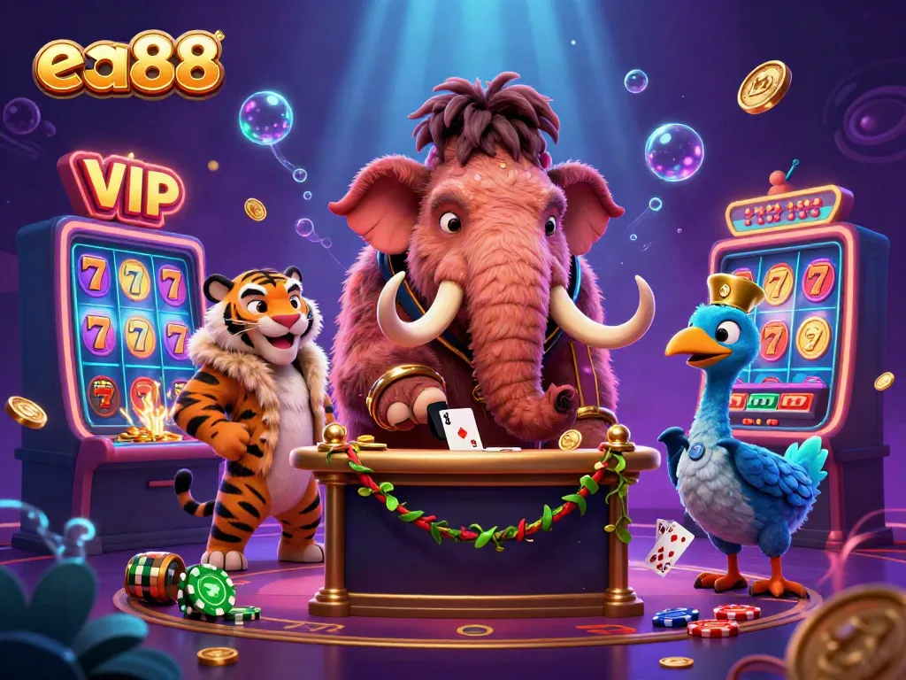 Experience the thrilling excitement of ea88 with a vibrant casino scene featuring a woolly mammoth bouncer and more.