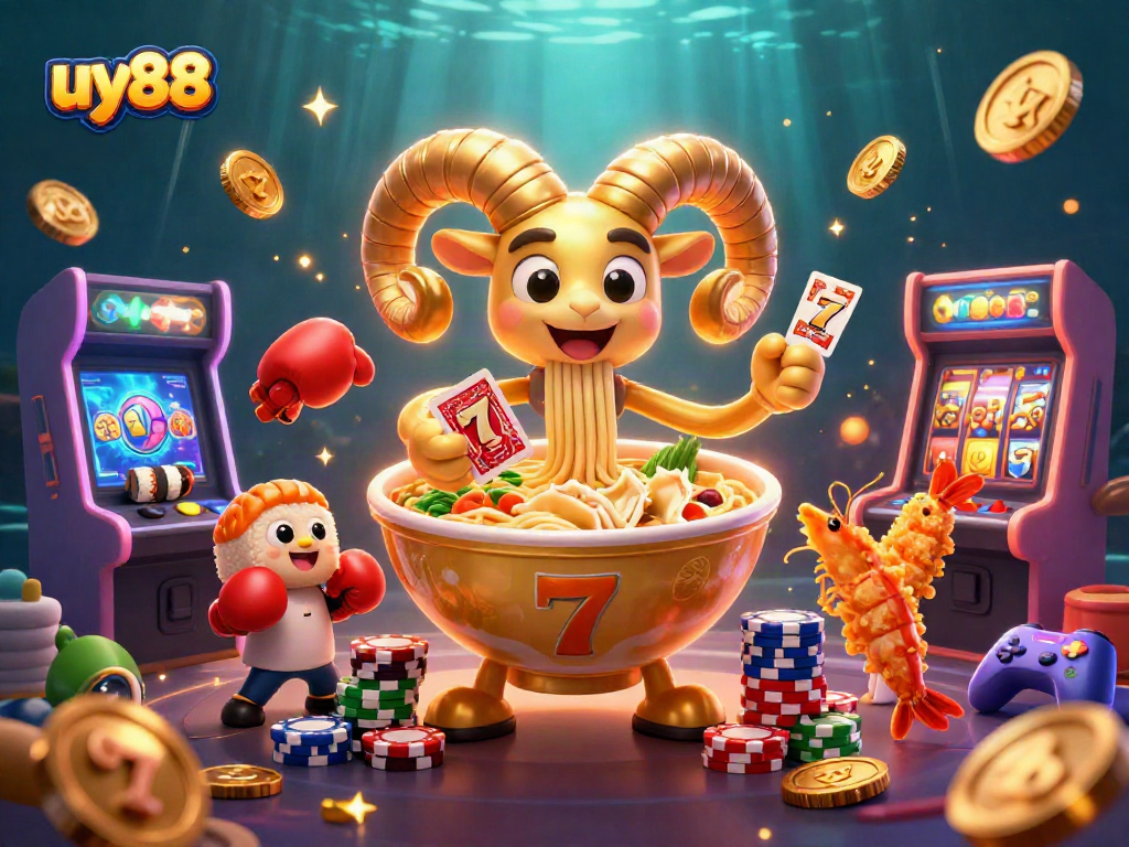 uy88 engages in vibrant casino action with cartoon characters around slot reels, bringing fun and excitement