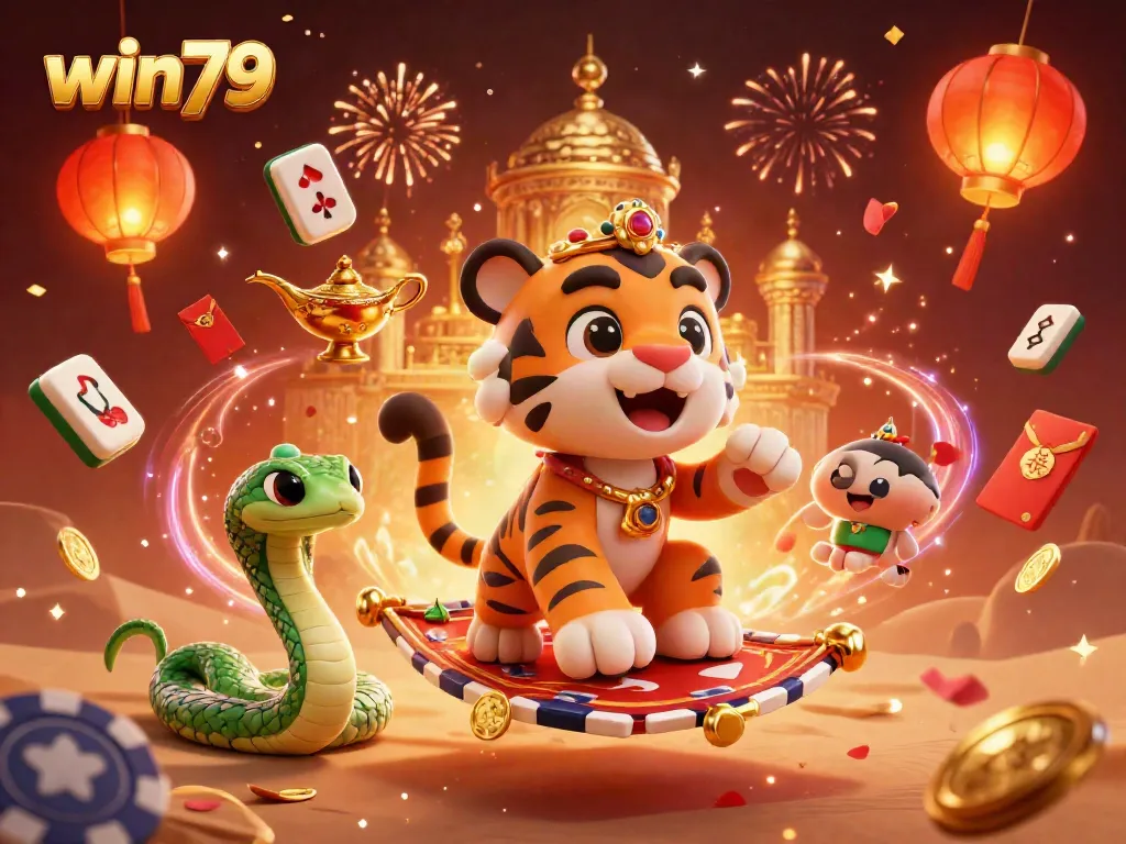 Experience the thrill of win79 with a vibrant casino scene featuring a tiger sultan on a poker chip carpet.