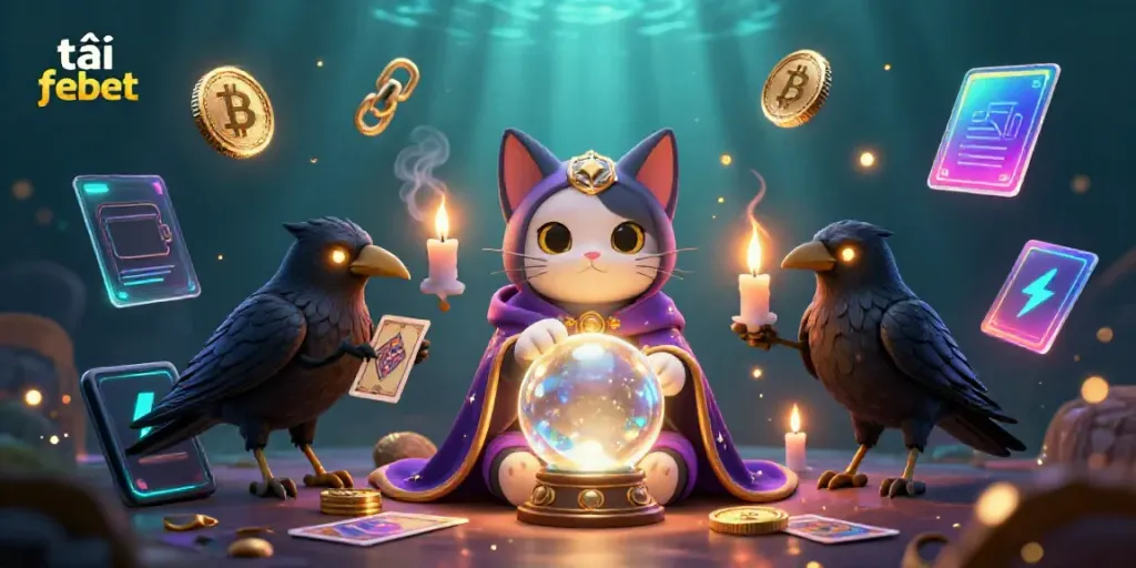 Experience gaming excitement with tải febet, featuring a mystical cat, raven, and crypto elements in a vibrant casino scene.