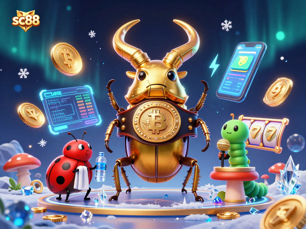 Engage in thrilling gaming action with sc88, featuring a giant stag beetle and cartoon characters amid a vibrant casino scene.