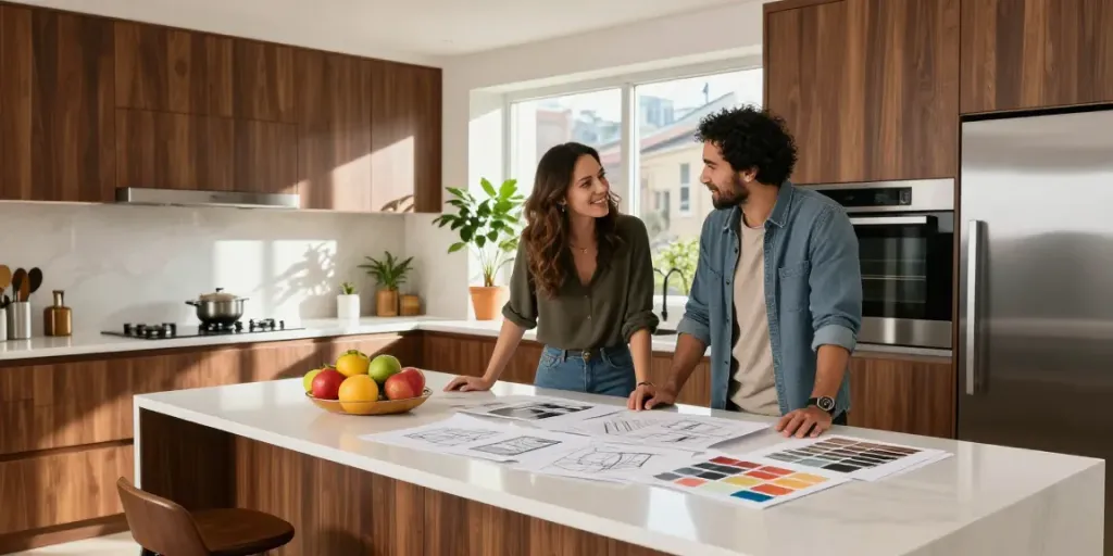 Custom kitchens design consultation featuring modern cabinetry and vibrant decor elements.
