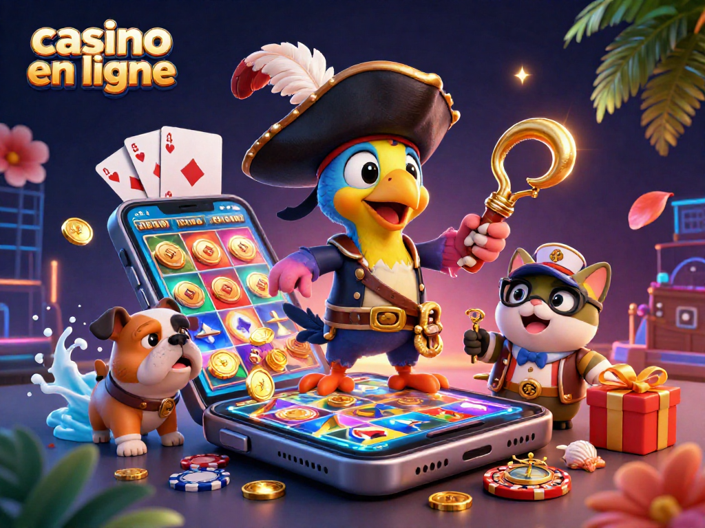 Engagez-vous avec le casino en ligne à travers une scène dynamique de jeu, accompagnée de personnages animés.