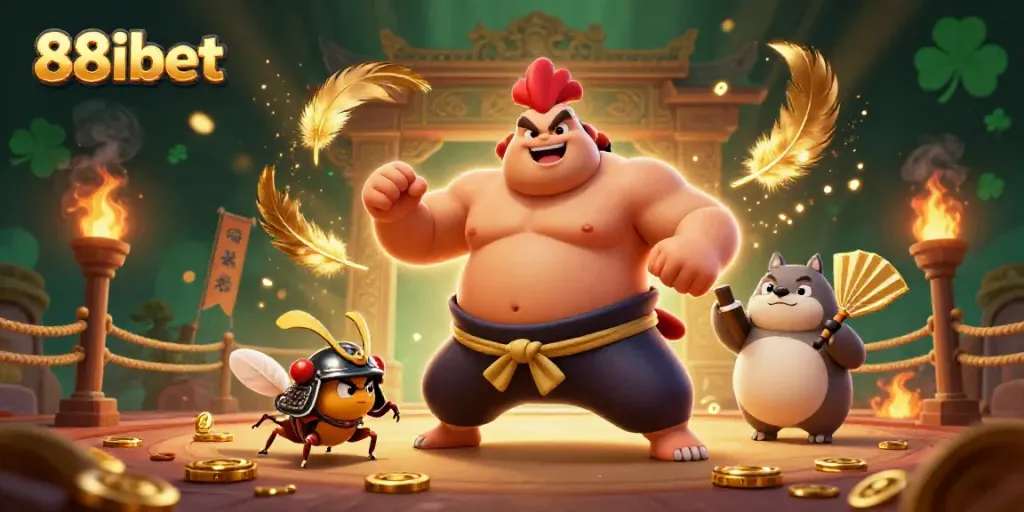 Experience thrilling action with 88ibet in this vibrant cartoon scene of a sumo wrestler, samurai cricket, and tanuki announcer.