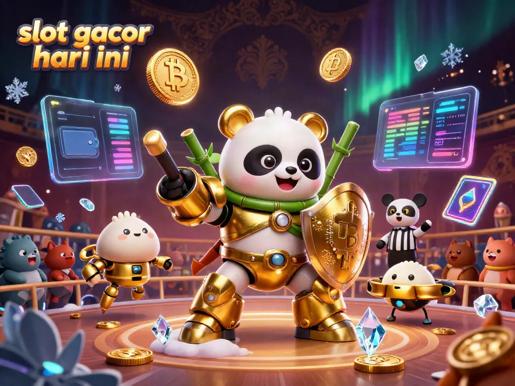 Permainan slot gacor hari ini dalam ilustrasi 3D dengan panda emas dan elemen unik.