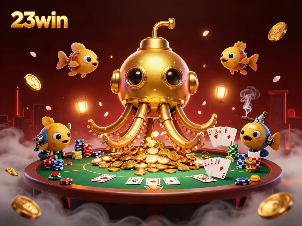 Experience thrilling gameplay with 23win's immersive casino scene featuring a kraken submarine and poker elements.