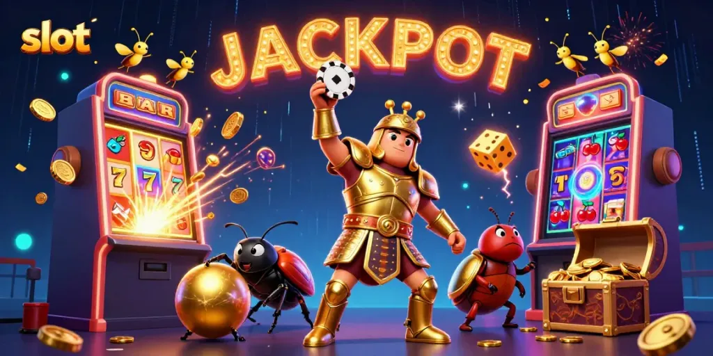 Mengangkat chip poker dengan 3D kartun kumbang hercules dalam armor emas di situs slot