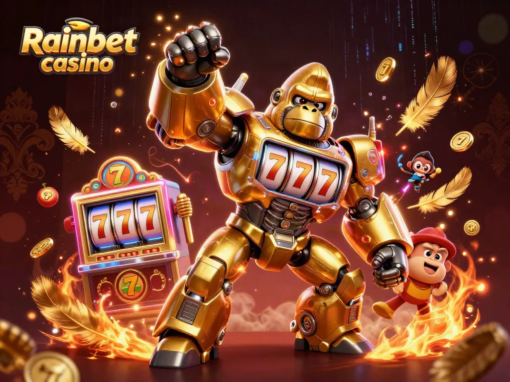 Spela på Rainbet casino med en 3D-guldfärgad gorilla mech och klassiska spelmaskinsymboler