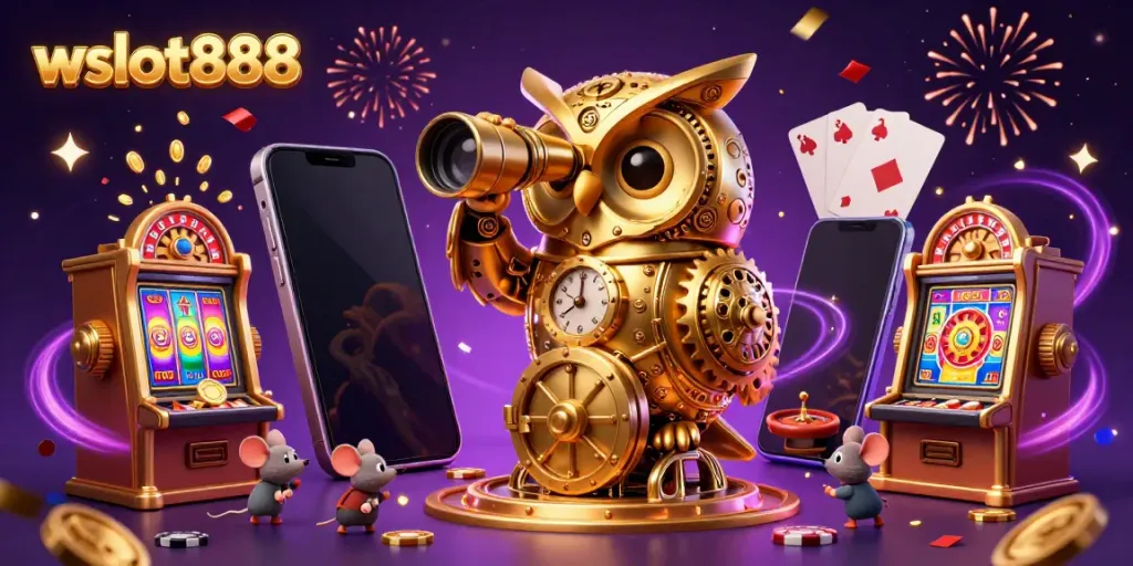 Permainan slot wslot888 yang menampilkan burung hantu emas berukuran raksasa di kasino yang meriah.