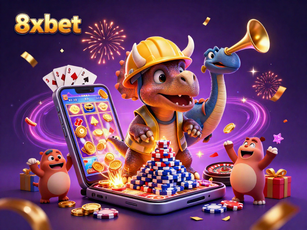 Engage with thrilling gameplay at 8xbet featuring a cartoon dinosaur casino scene.