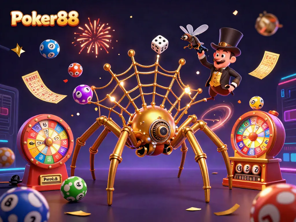 Engage in thrilling gameplay at Poker88 with steampunk spider and lottery excitement in vibrant 3D