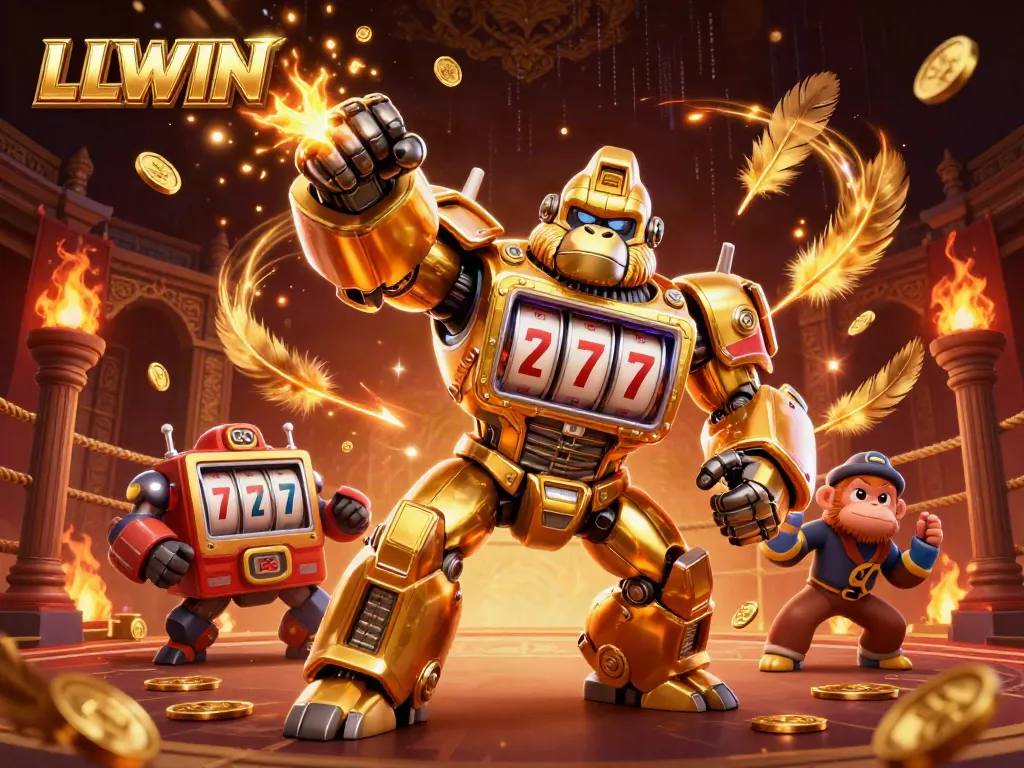 Experience thrilling gameplay with LLWIN's golden gorilla mech amidst vivid casino elements.