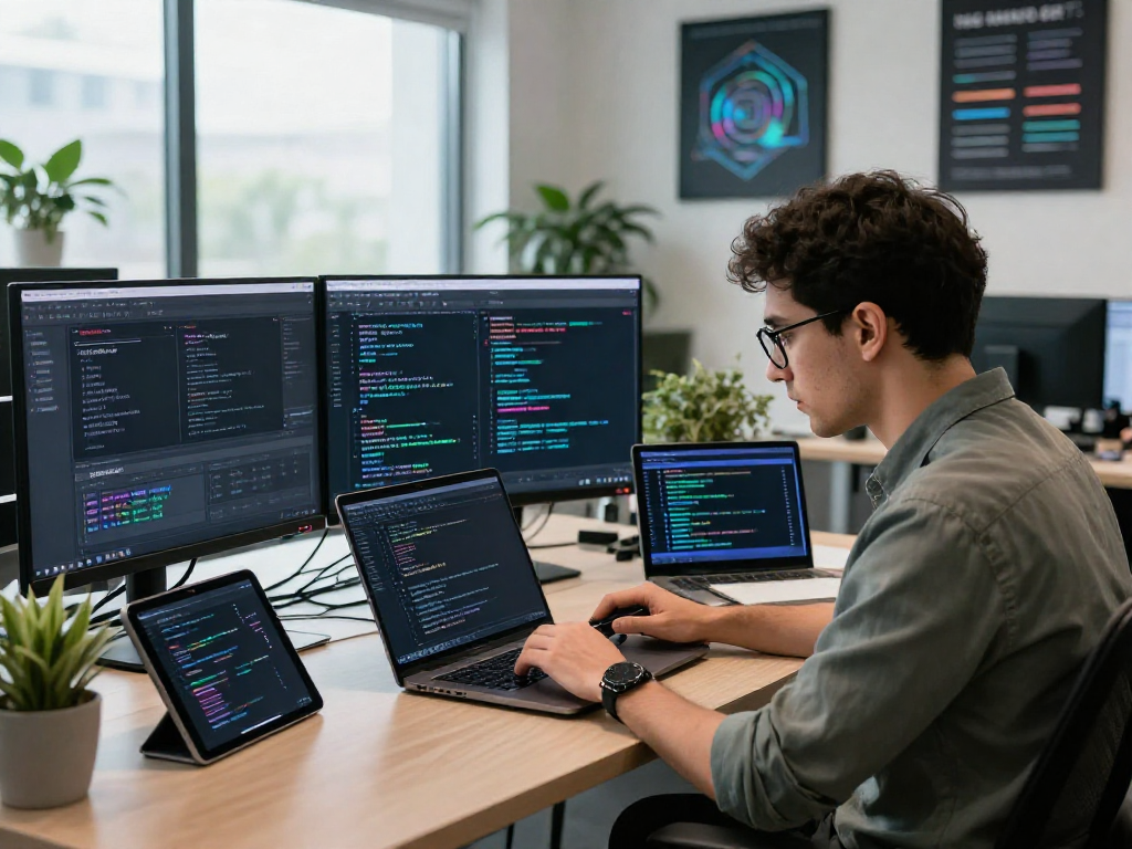 Coding scene with Tornado Cash cryptocurrency analytics displayed while a developer works intently in a modern office environment.