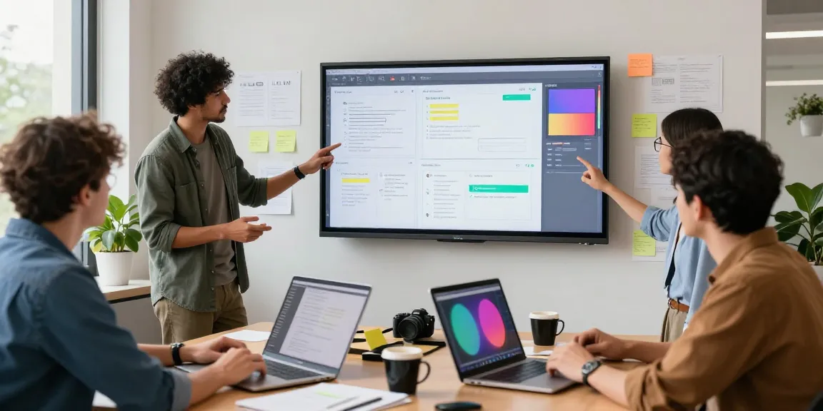 MVP development service collaborative workspace with a diverse team designing and discussing product wireframes in a modern office setting.