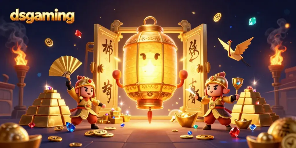 Experience thrilling gameplay at dsgaming with a vibrant cartoon illustration of golden lantern spirit and warriors.