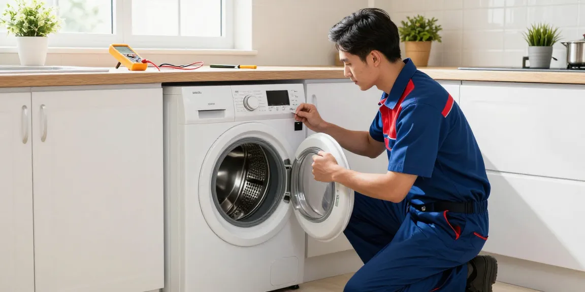 Expert technician performing washing machine repair with tools in a modern kitchen setting.