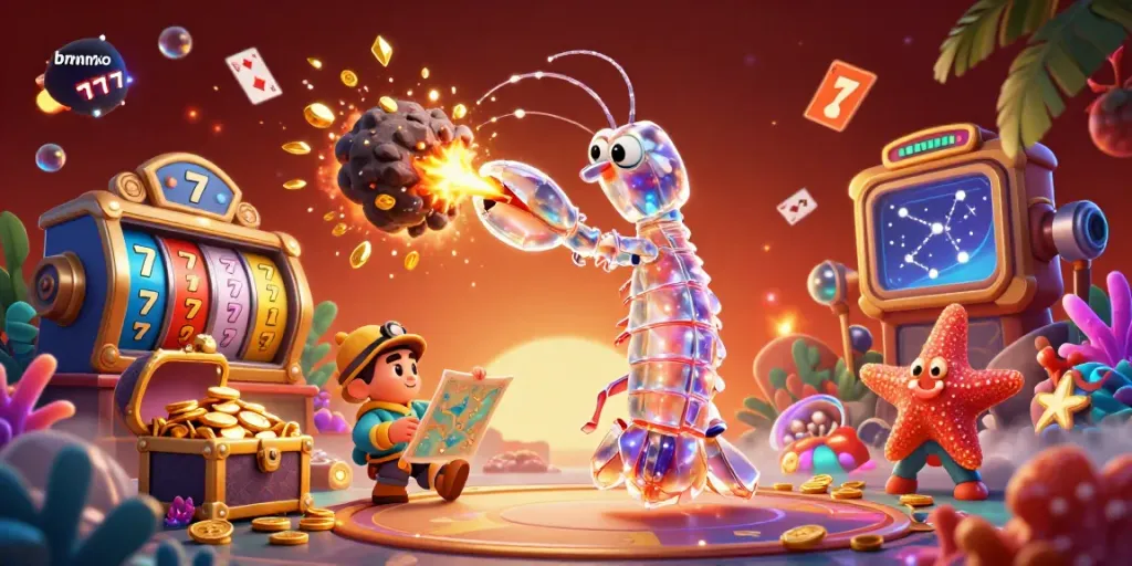 Engage in thrilling gameplay with bmw777 as a vibrant shrimp character bursts through an asteroid showering gems!