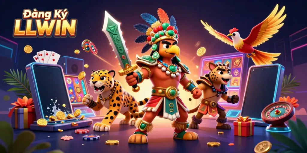 Experience the excitement of Đăng Ký LLWIN promotions with vibrant casino elements and engaging characters.