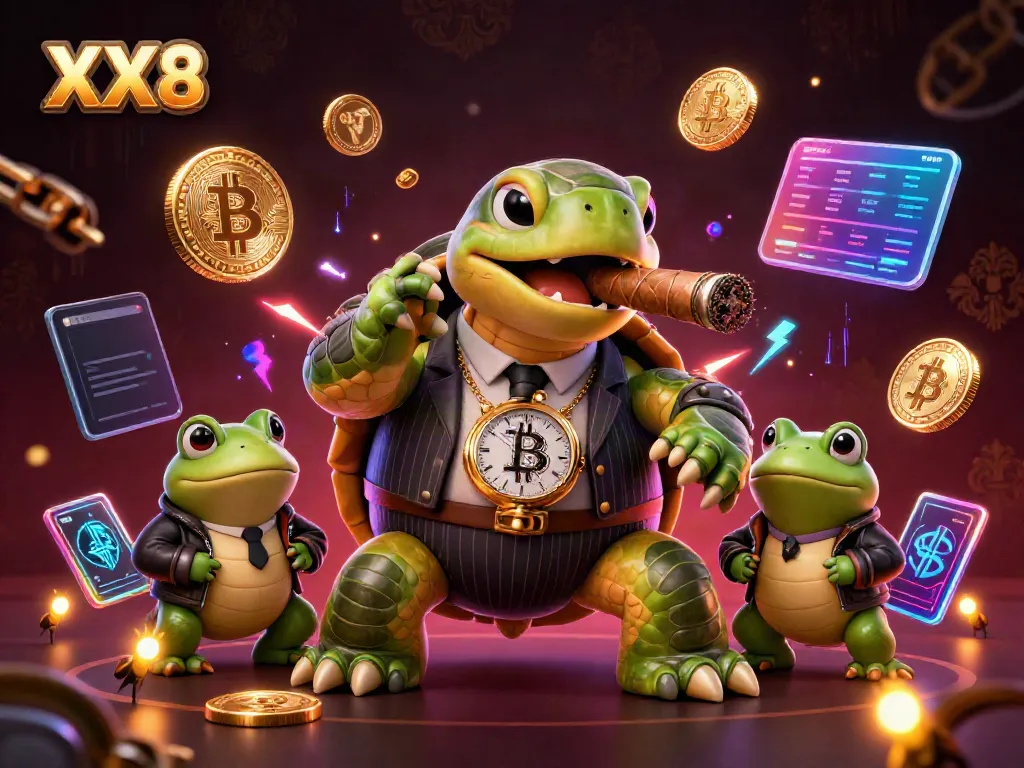 Experience the excitement of XX8 with a vibrant casino scene featuring a cartoon turtle and bullfrog enforcers.