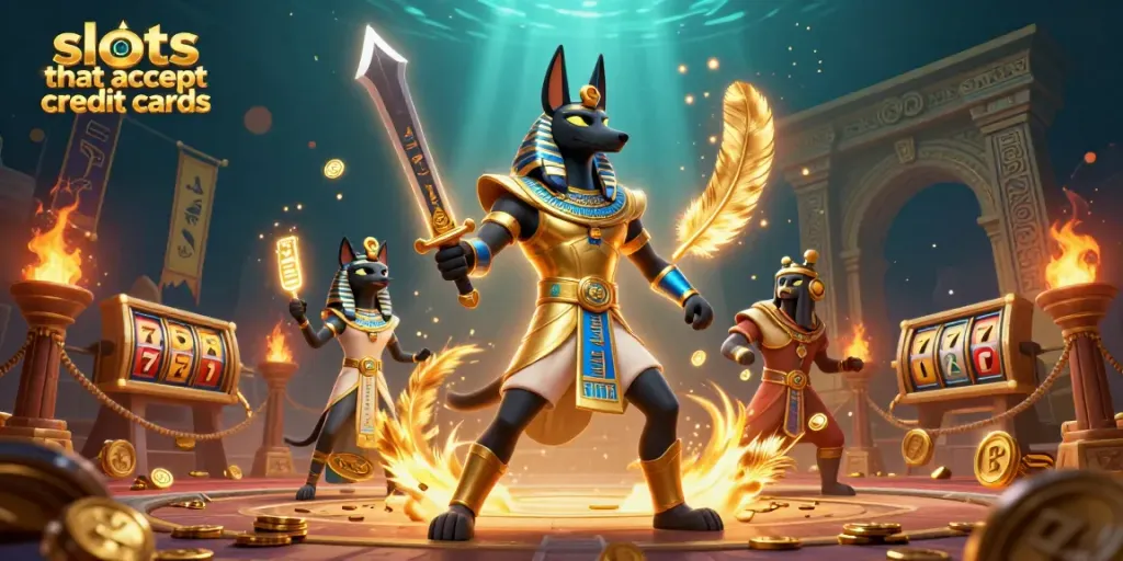 Engage with slots that accept credit cards featuring ancient Egyptian warrior Anubis surrounded by golden coins and gaming elements.
