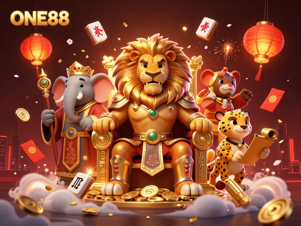 Experience ONE88's thrilling casino adventure with a majestic lion king and vibrant game elements.