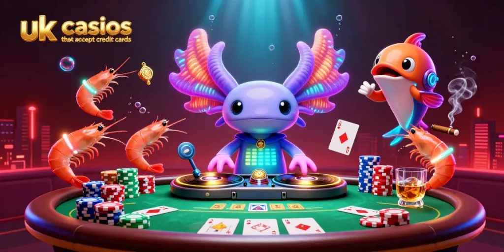 Experience the vibrant energy of UK casinos that accept credit cards with an engaging party scene featuring underwater characters and gaming elements.