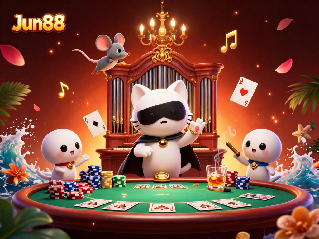 Engage in thrilling gameplay at Jun88, where gamblers enjoy poker tables and vibrant casino elements.