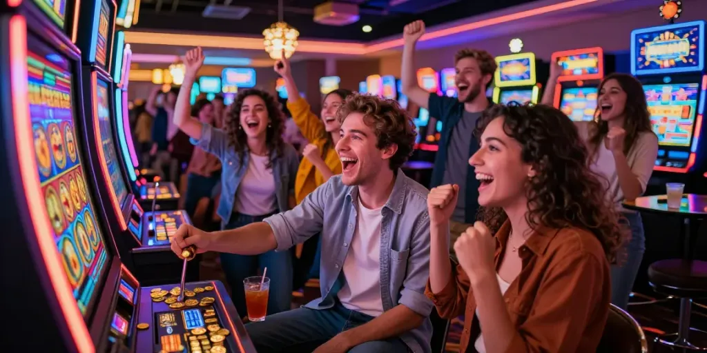 Exciting group of friends playing สล็อต at a lively casino with vibrant neon lights.