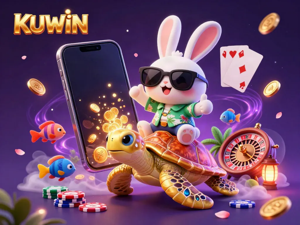 Experience the excitement of KUWIN with a lucky rabbit and turtle amid vibrant casino elements.