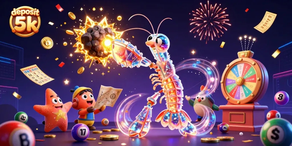 Engage with deposit 5k excitement as a cartoon mantis shrimp battles for golden prizes amid a vibrant casino atmosphere.